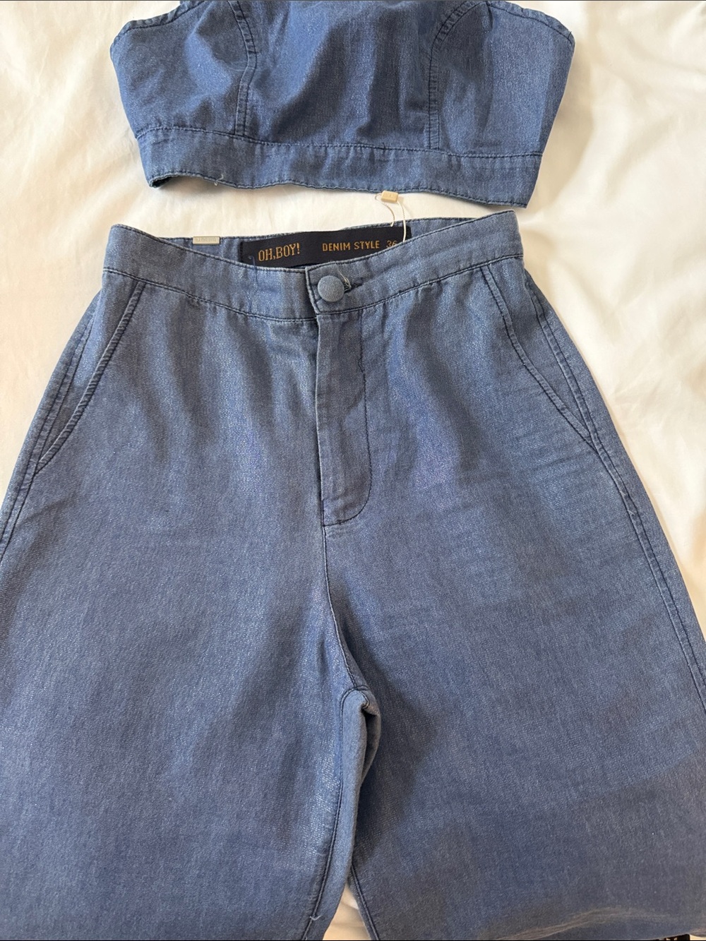 Denim Two-Piece Set - Blue Strapless Top & High-Waist pants